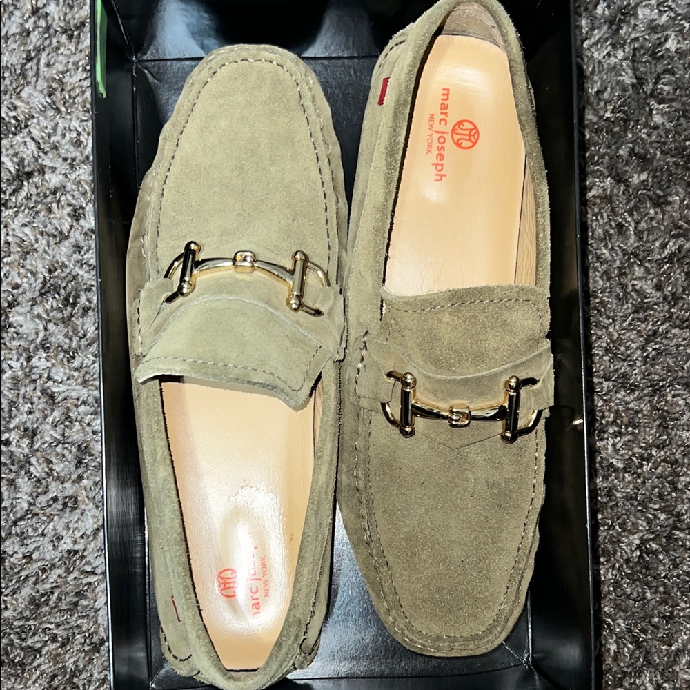 Marc Joseph Olive Suede Loafers with Gold Accent